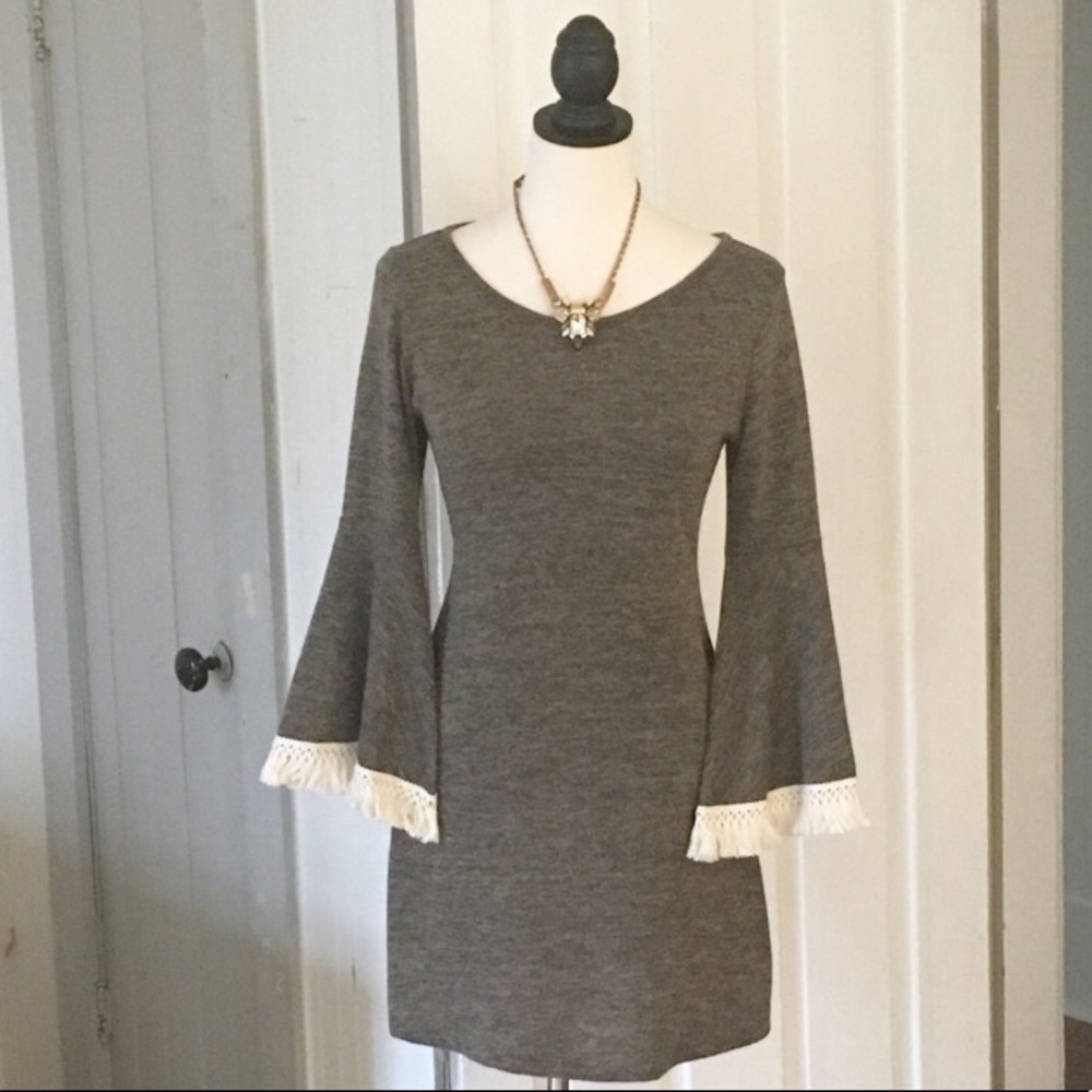 Altar'd State Gray Knit Dress with Fringe Sleeves.